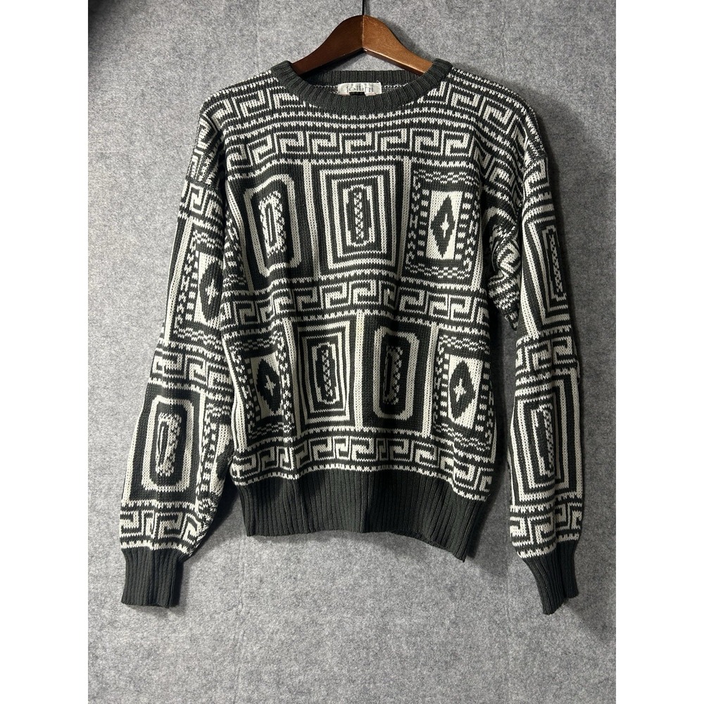 Vintage Fellini Geometric Knit Sweater Mens M Dark Green Gray Crewneck Korea 80s